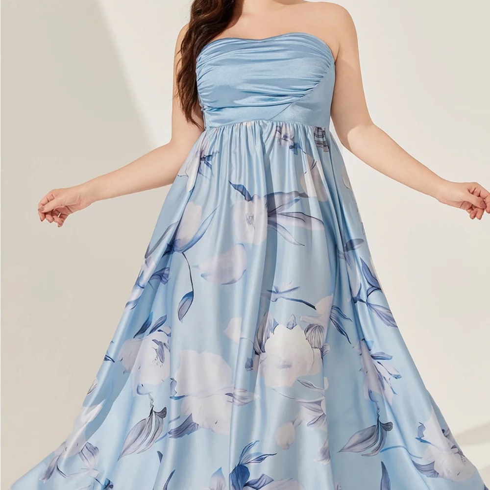 Flycurvy powder blue floral strapless gown 22